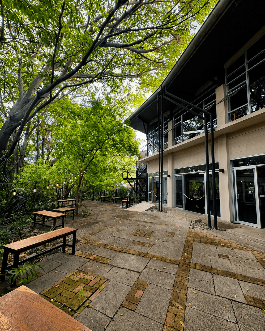 Exterior de The Functional Room rodeado de jardín y árboles